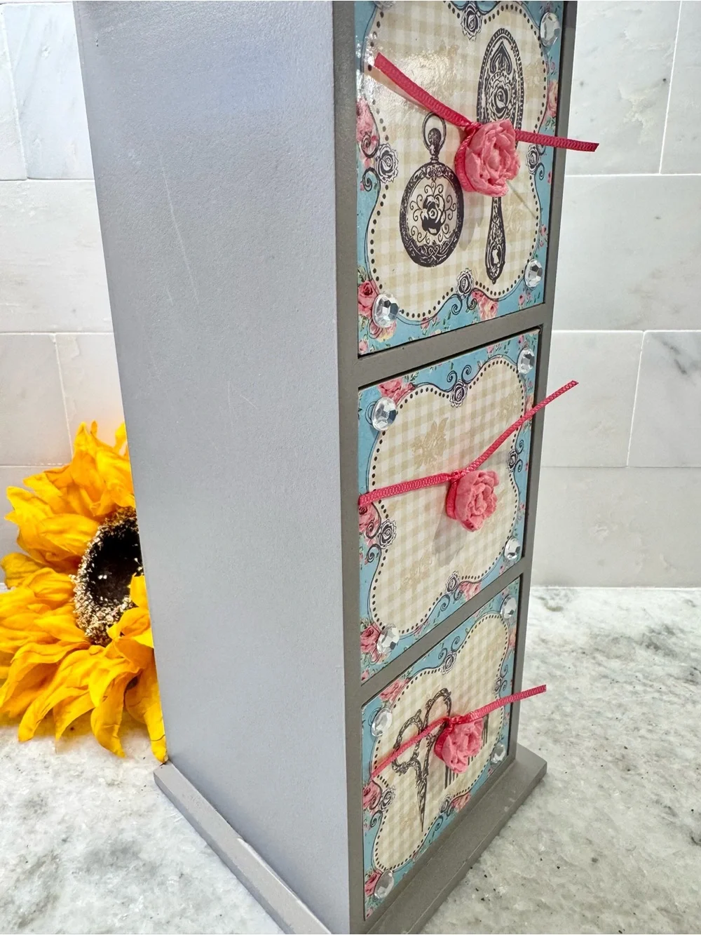 New Shabby Style Gray, Blue, Pink Wooden 3 Drawer Organizer Storage Decor - 11”